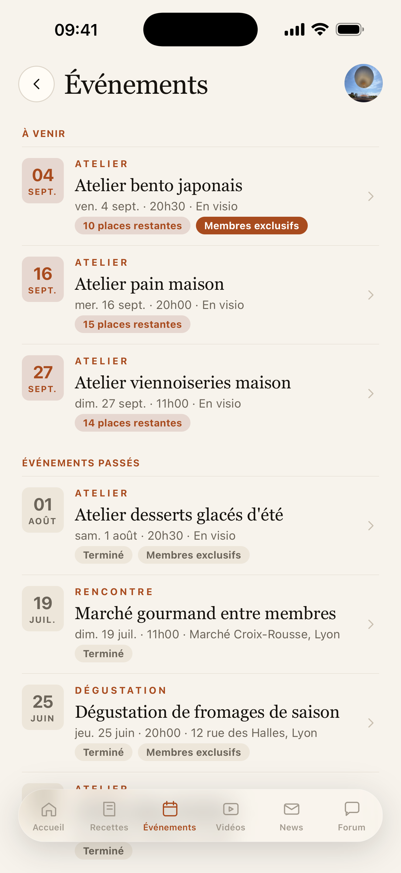 Liste des événements
