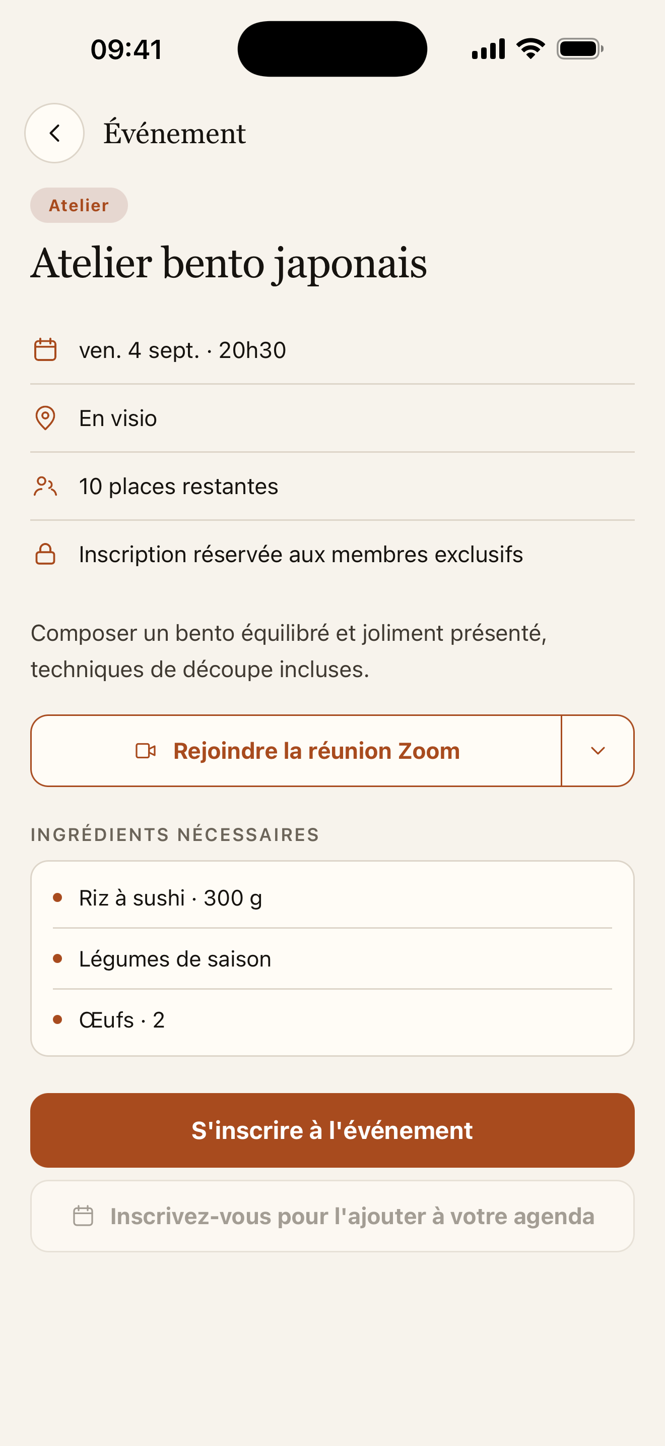 Détail d'un événement : visio, places restantes et ingrédients