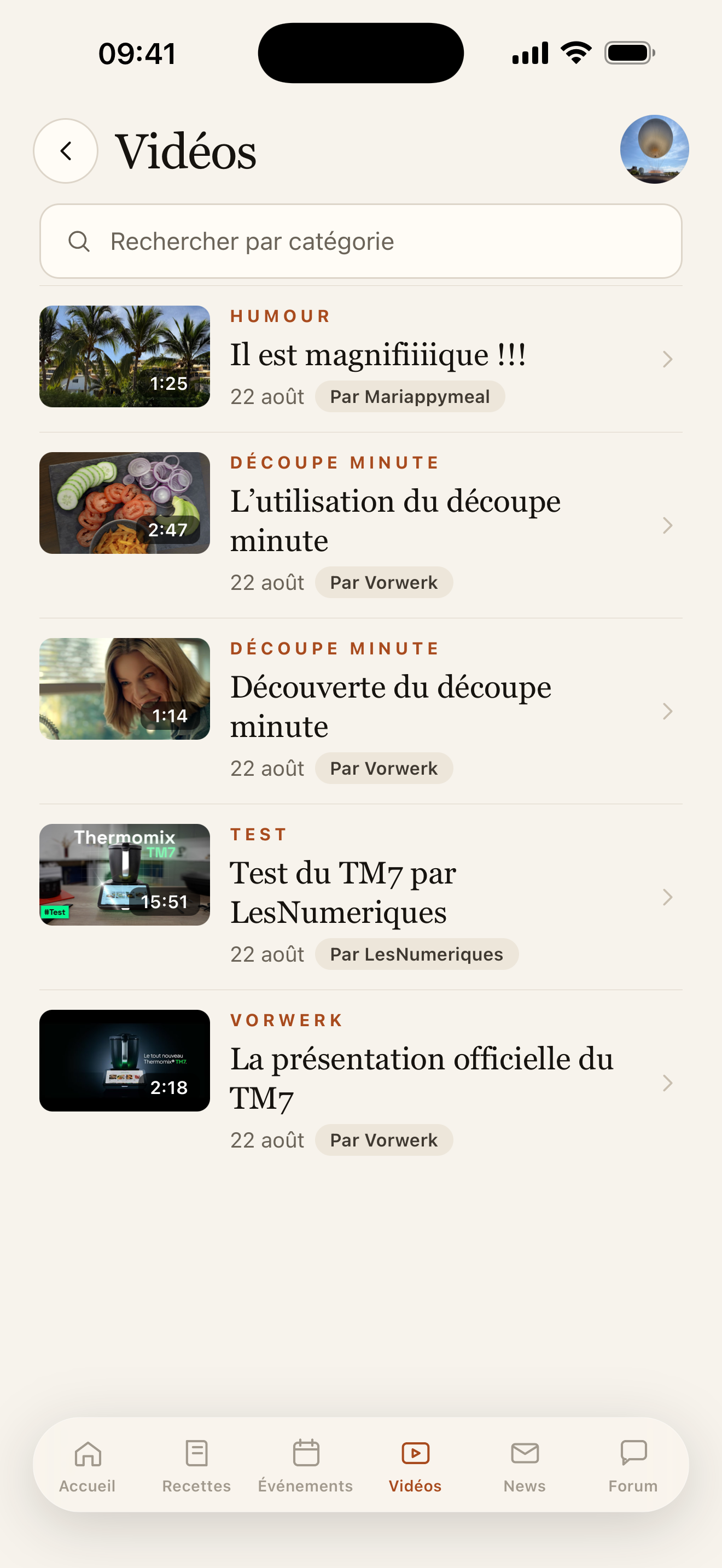 Liste des vidéos, classées par catégorie avec leur durée