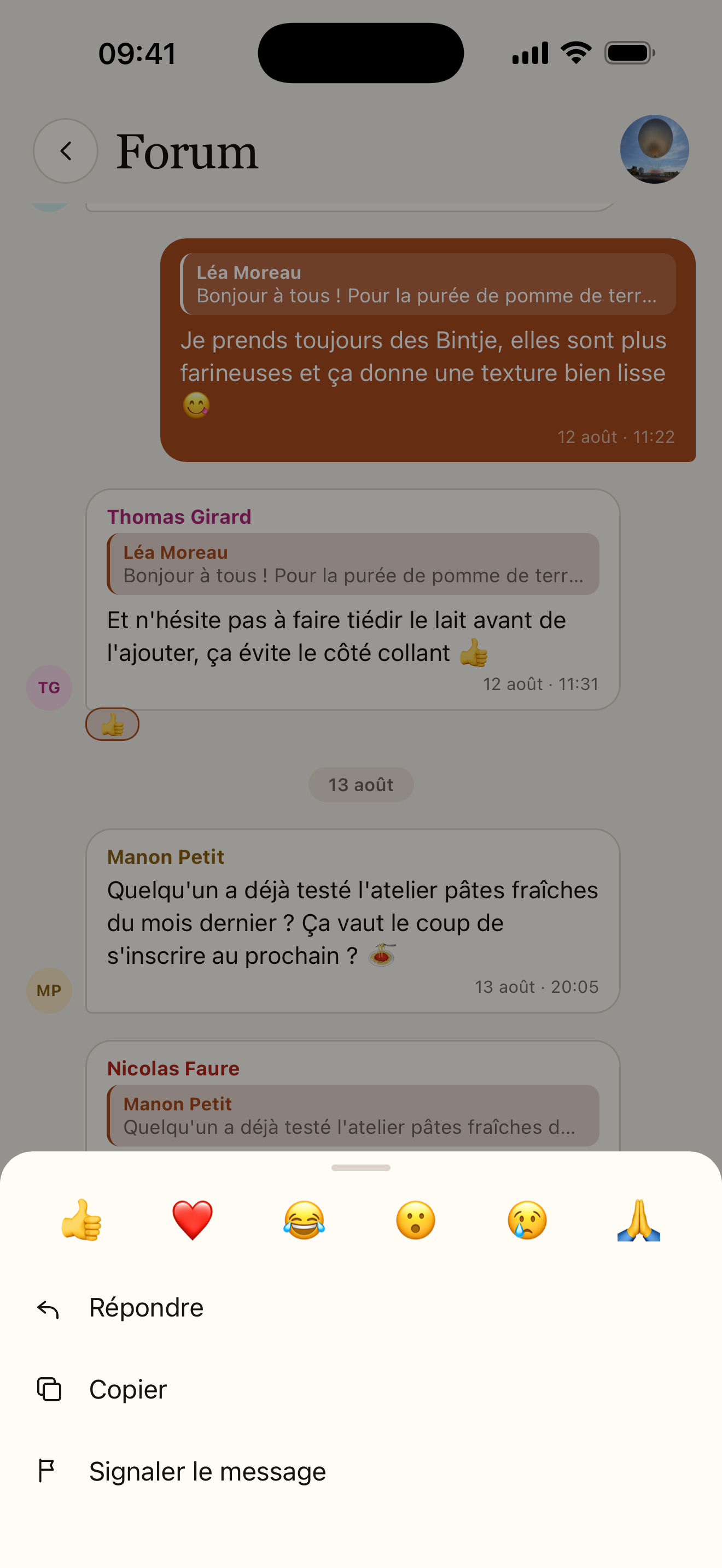 Réactions et réponse à un message du forum
