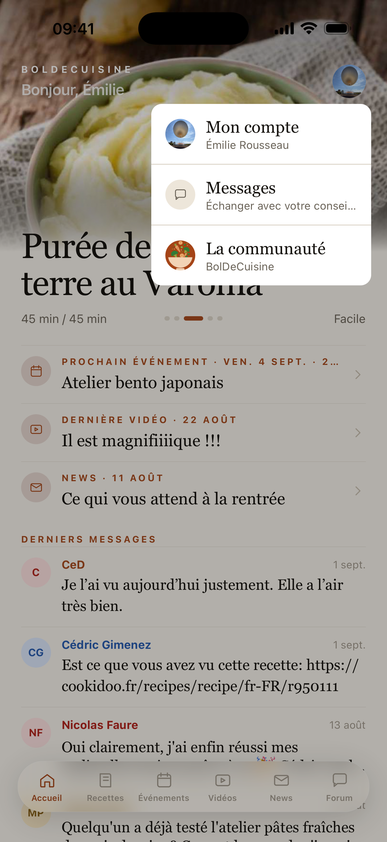Menu du compte